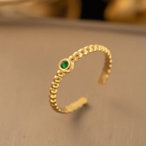 Stainless Steel Green Crystal Studded Ring