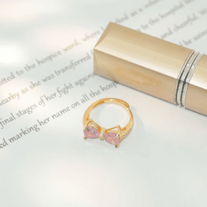 Pink Crystal Bow Tie Ring Gold Plated Adjustable Ring