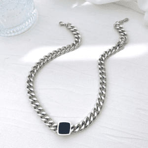 Black Stone Studded Heavy Cuben Stainless Steel Chained Necklace