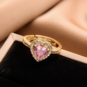 Pink Heart Stone Gold Plated Adjustable Ring