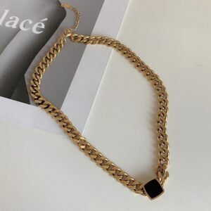 Black Stone Studded Heavy Cuben Gold Plated Chained Necklace