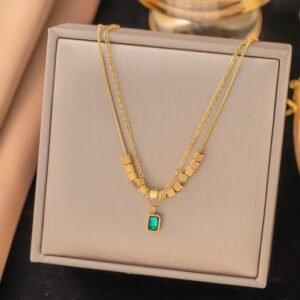 Emerald Studded Multilayered Gold Plated Necklace